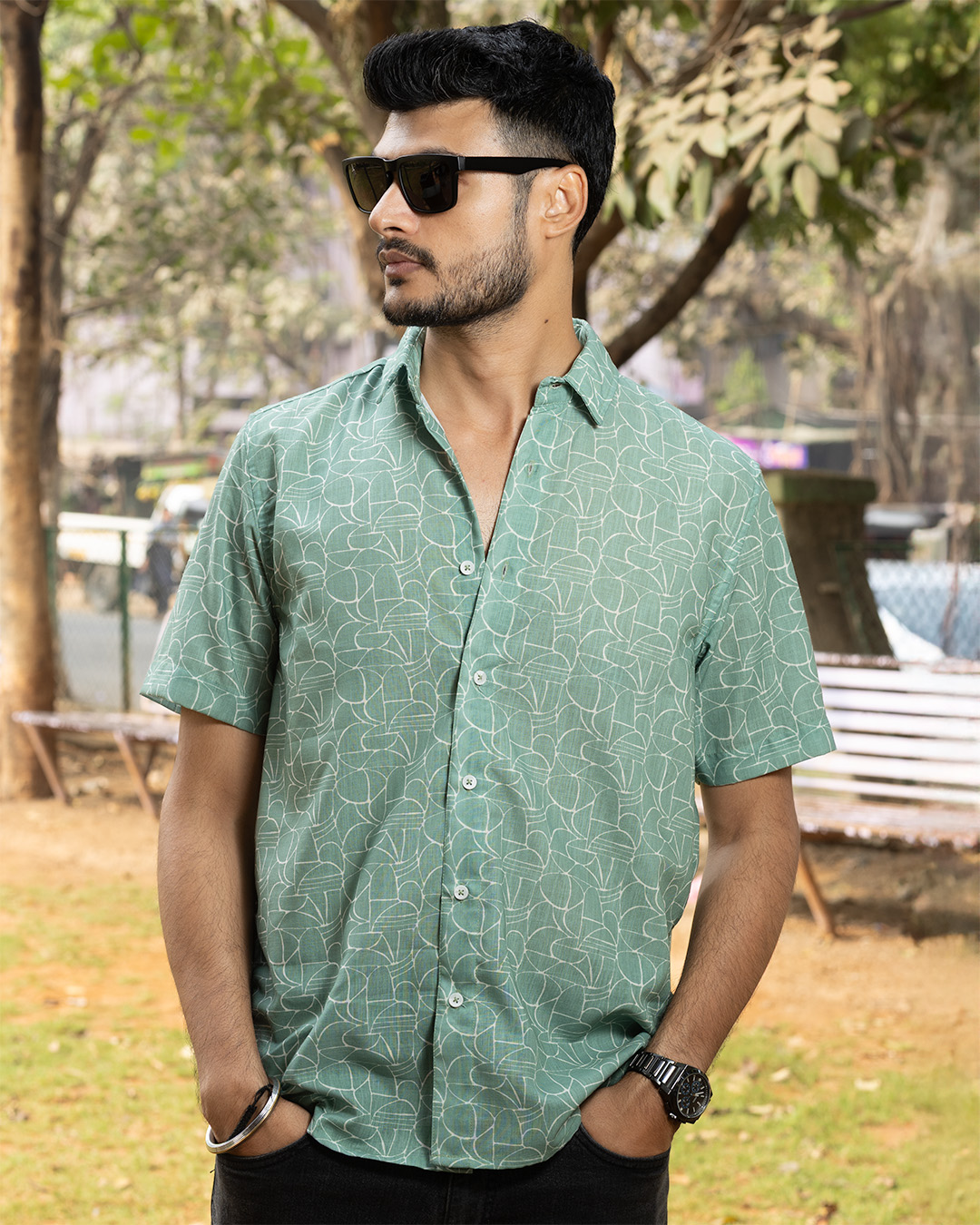 Half Sleeve Shirt - Green Abstract, XXL/46