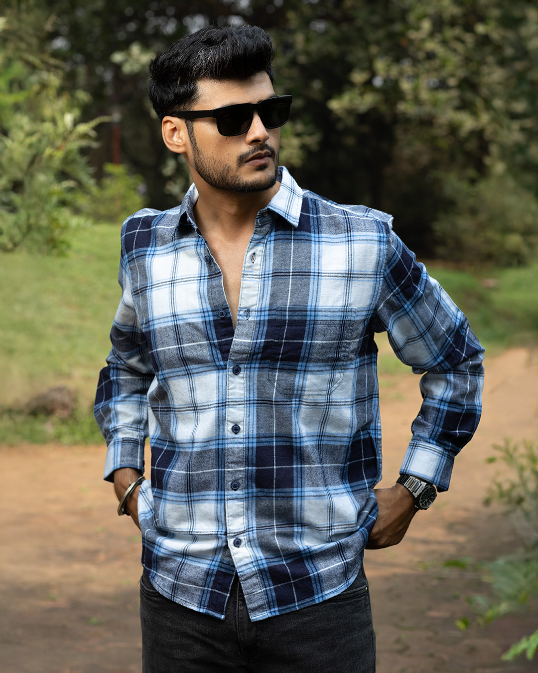 Checks Shirt - Navy Brushed Checks, XL/44